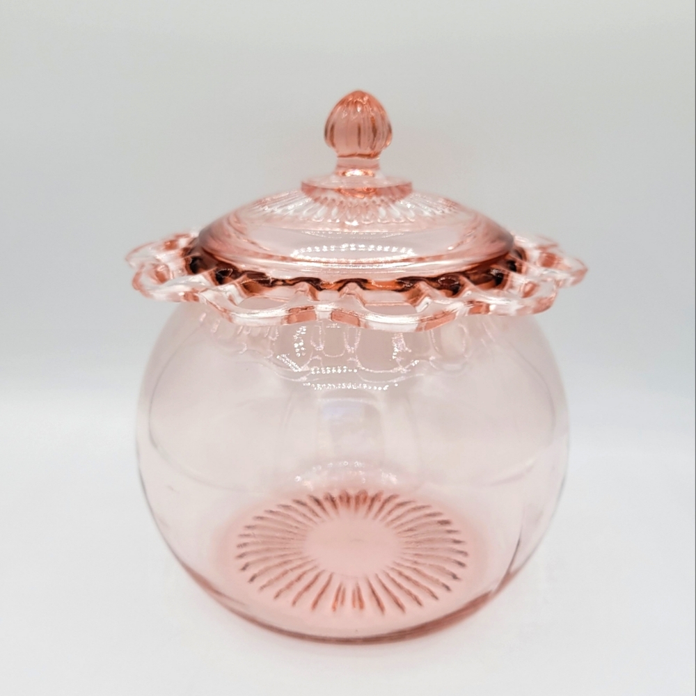 Vintage Lace Edge Pink Depression Glass Lidded Jar 1930s Art Deco Collectible‎